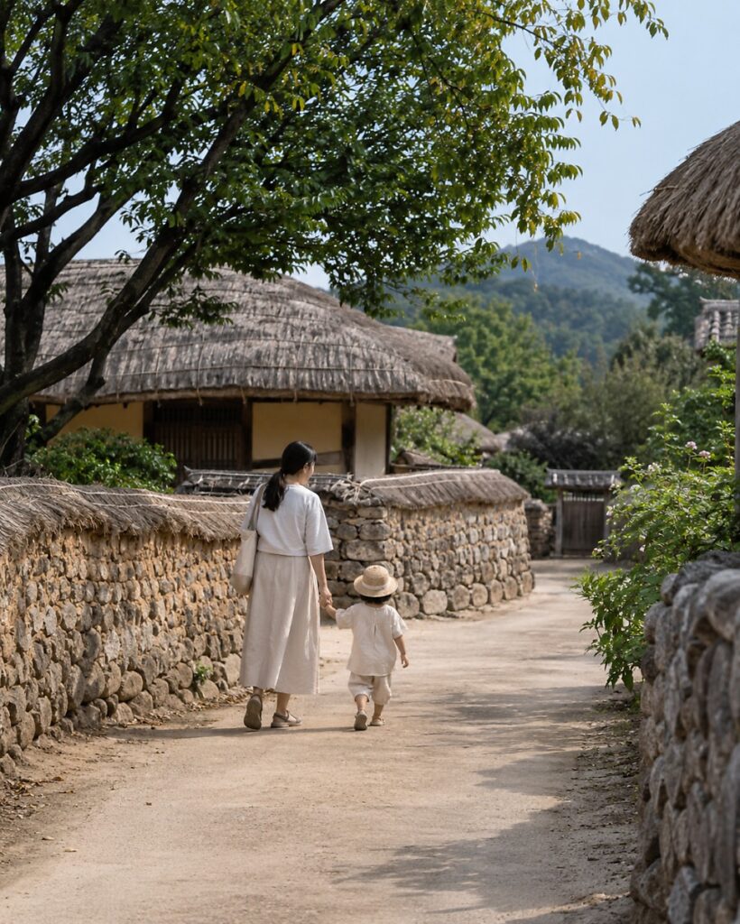 Oeam Folk Village thatched houses and stone walls