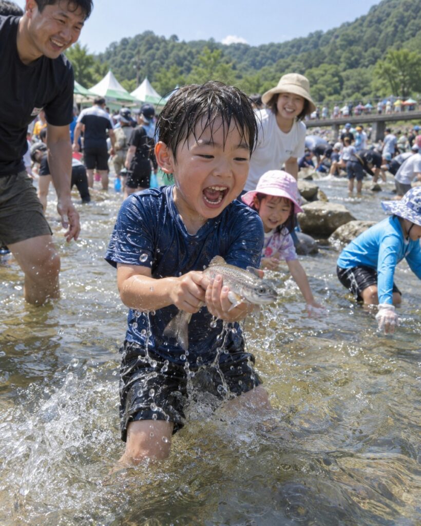 Kids catching fish by hand in Dongjincheon stream