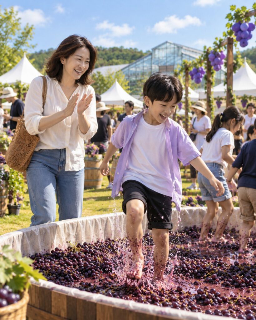 Kids stomping grapes at the Songsan Grape Festival