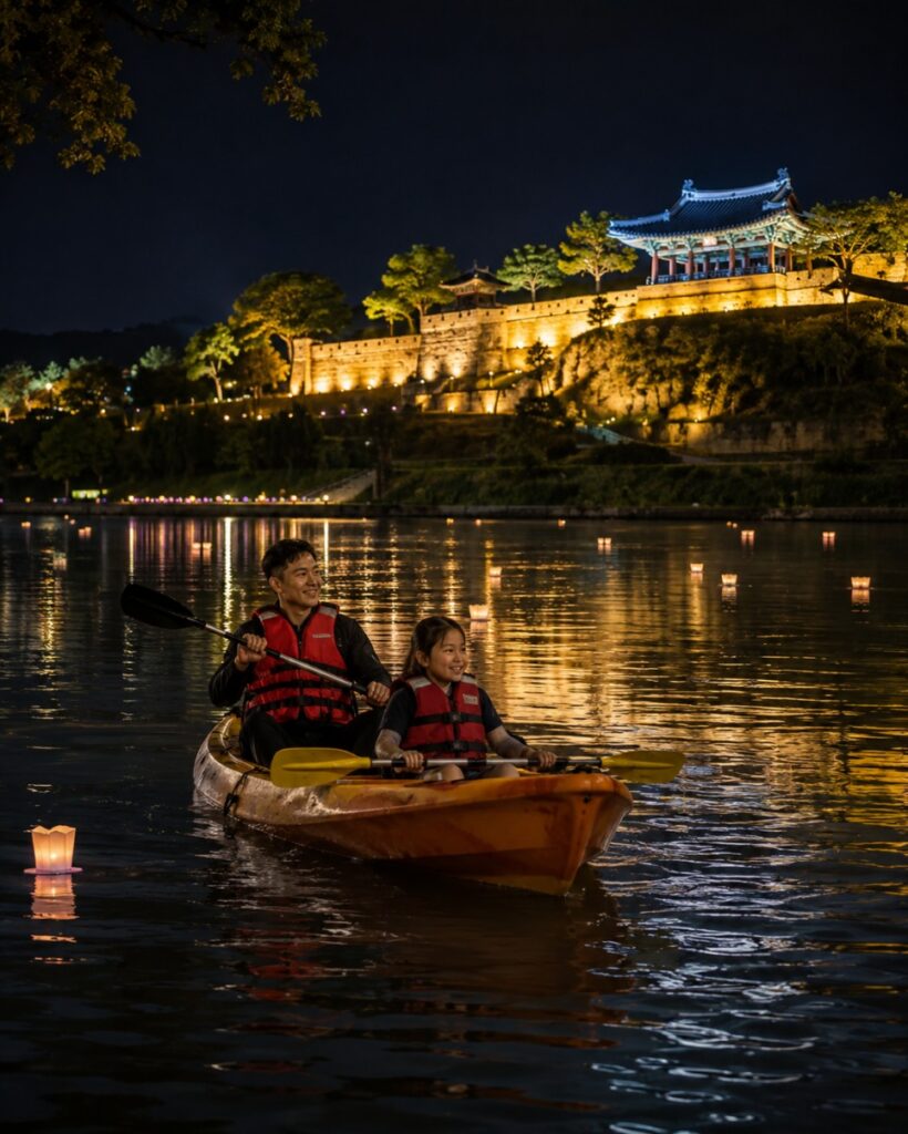 Night kayaking with lanterns on the Namgang River