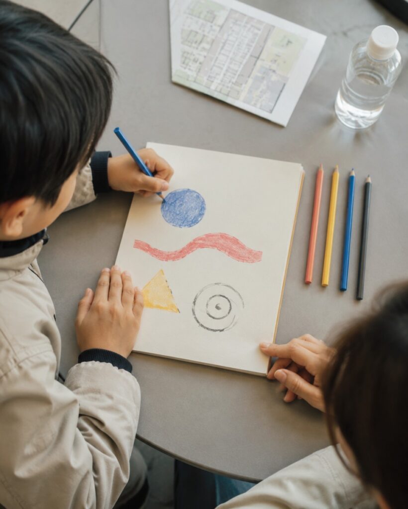 Kids completing art missions at the Gwangju Biennale