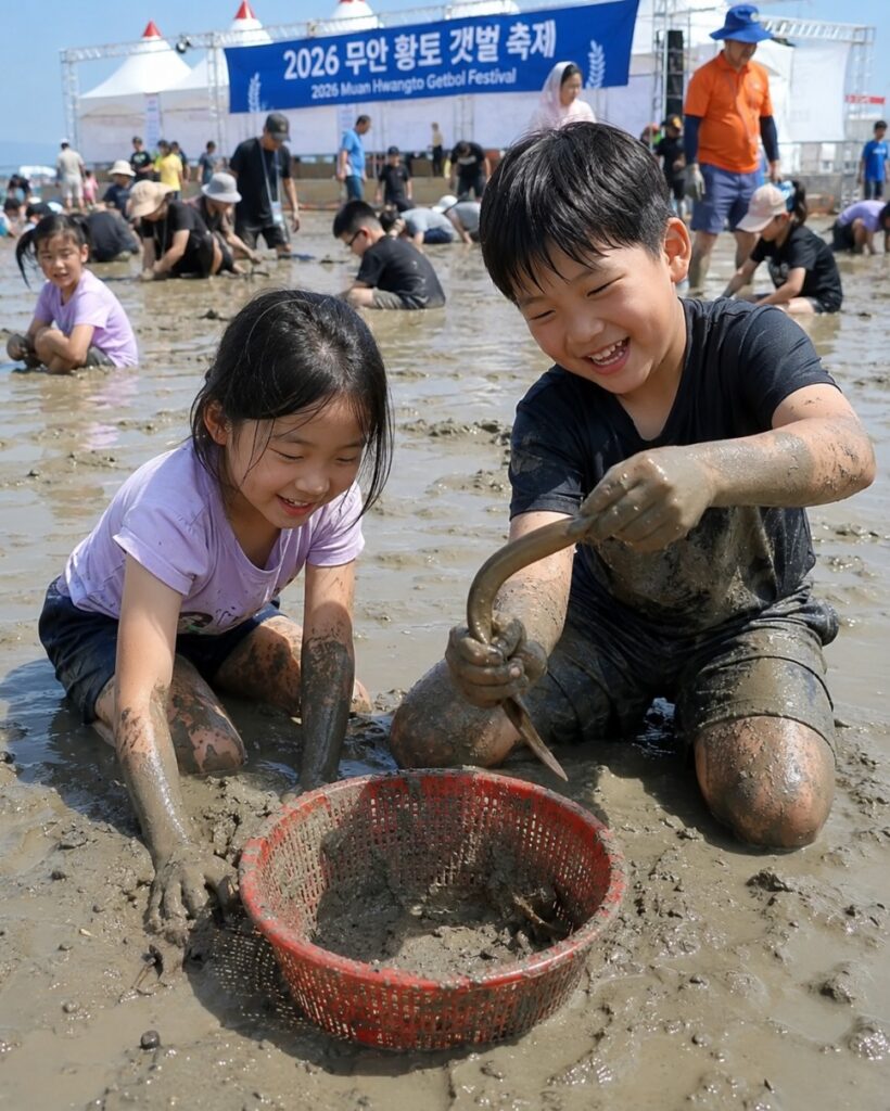 Kids catching eels in the mudflat at the Muan Mudflat Festival
