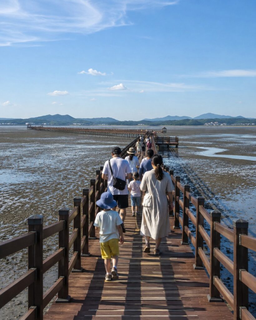 Muan mudflat boardwalk stretching over the tidal flat