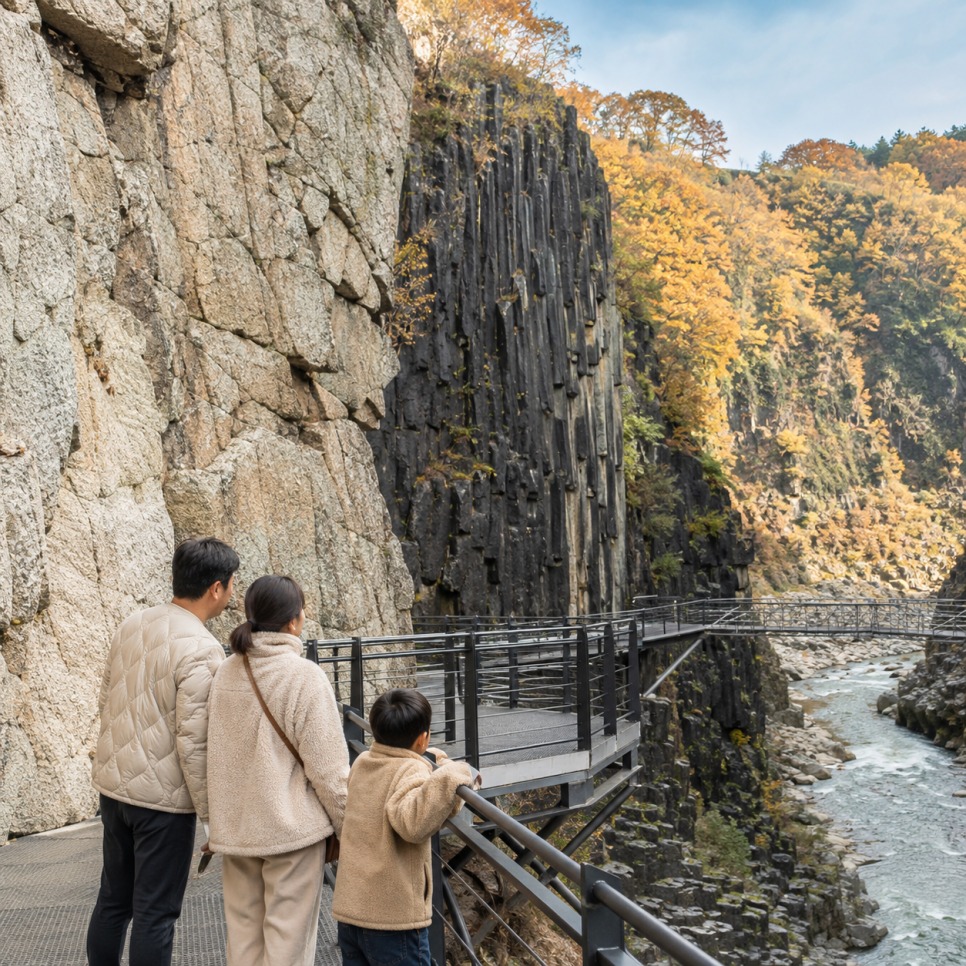 Columnar basalt cliffs in the Hantangang gorge