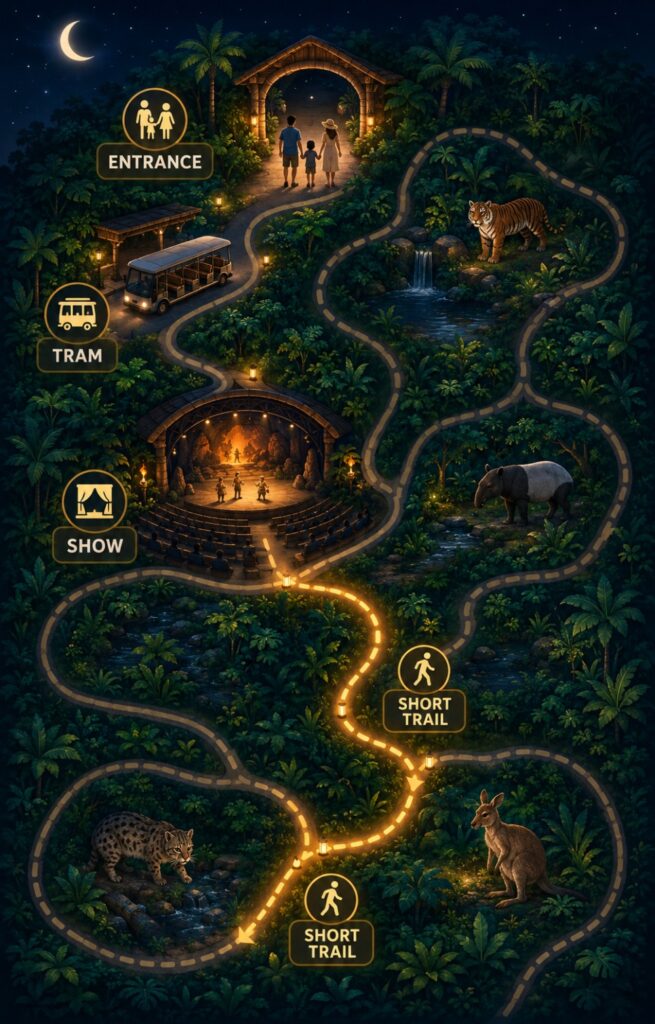 Night Safari entrance plaza in the evening